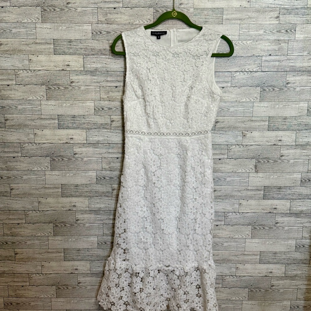 Eilly Bazar White Floral Eyelet Lace Cottagecore Boho Chic Posh Dress‎ Sz-Medium